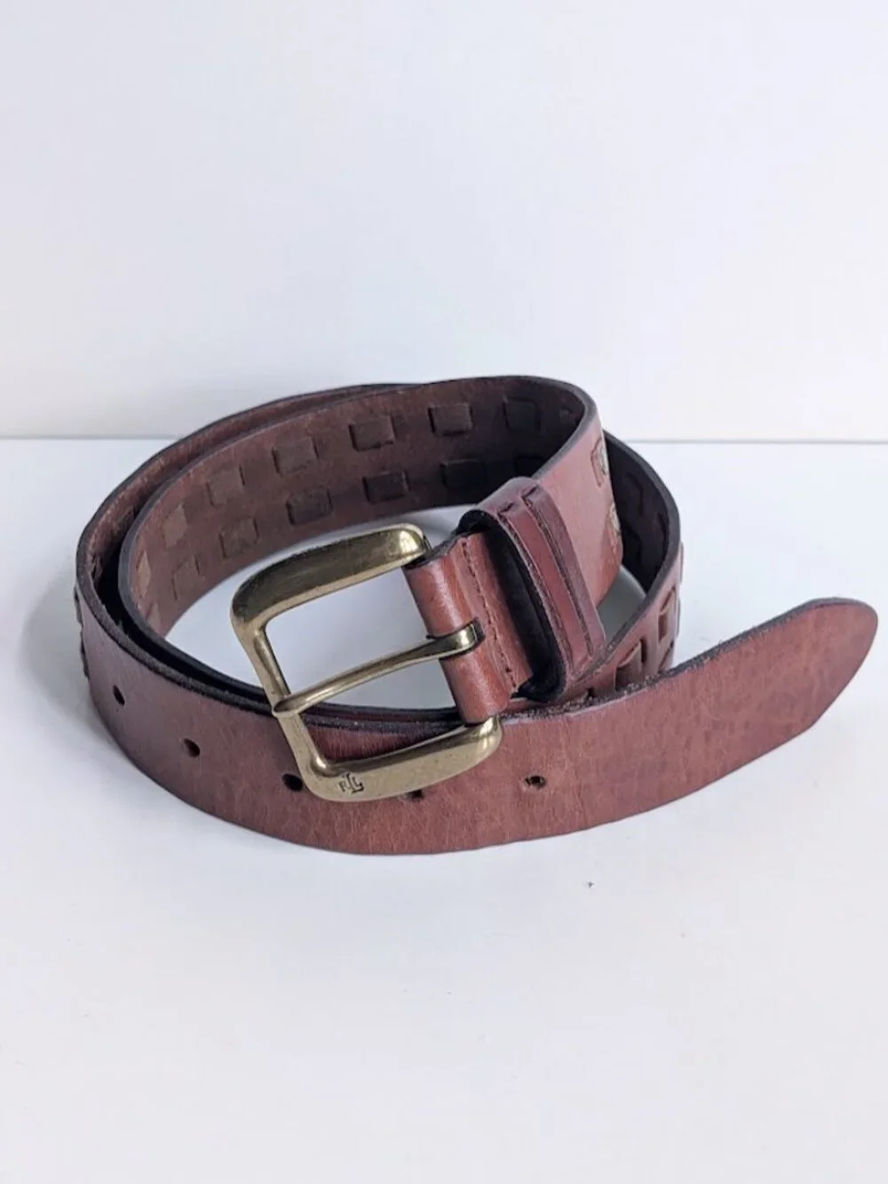 Vintage Ralph Lauren Brown Leather Lacing Braided Belt Solid Brass Buckle Sz: M